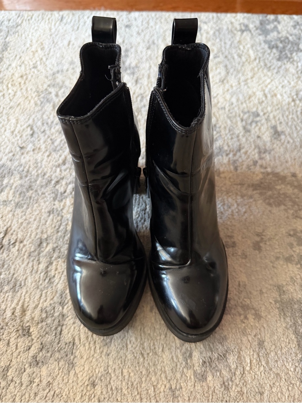 Women's Faux Black Patent Ankle Boots - Sleek Zip Design